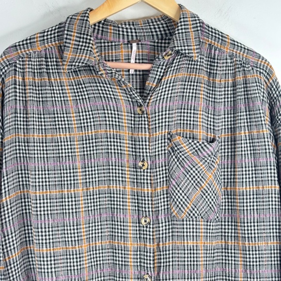 Free People Oversized Plaid Shirt S Break My Stride Metallic Grunge Boho Indie - Picture 3 of 11